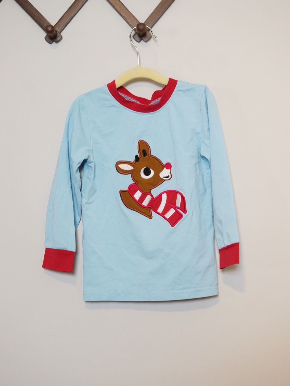 Smock Monkey Light Blue Long-Sleeve Top with Reindeer Appliqué